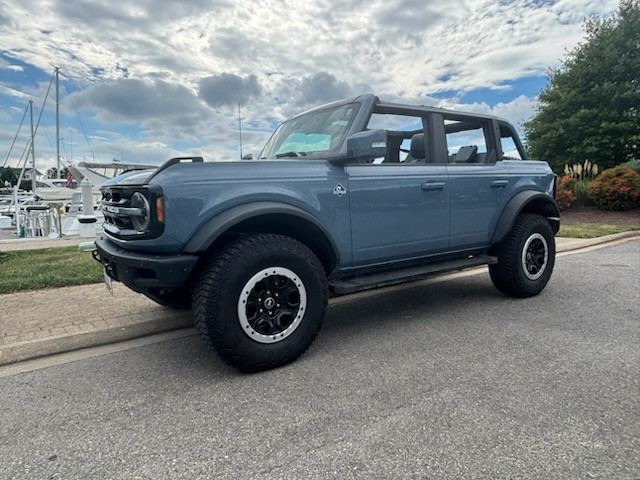 The blue Ford Bronco at the marina on Kent Island